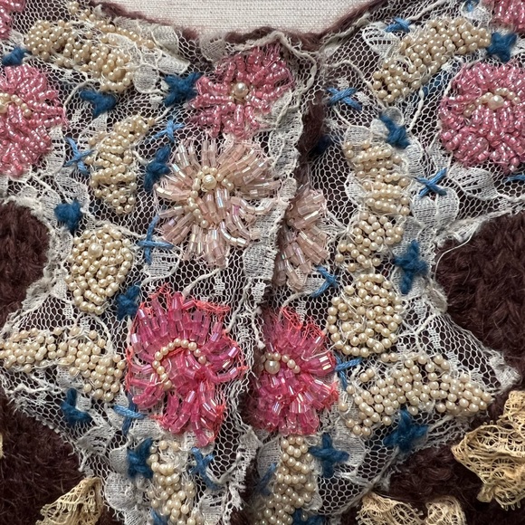 Vintage Free People Antique Lace Seed Pearl Beaded Brown Wool Cropped Cardigan - Picture 8 of 14